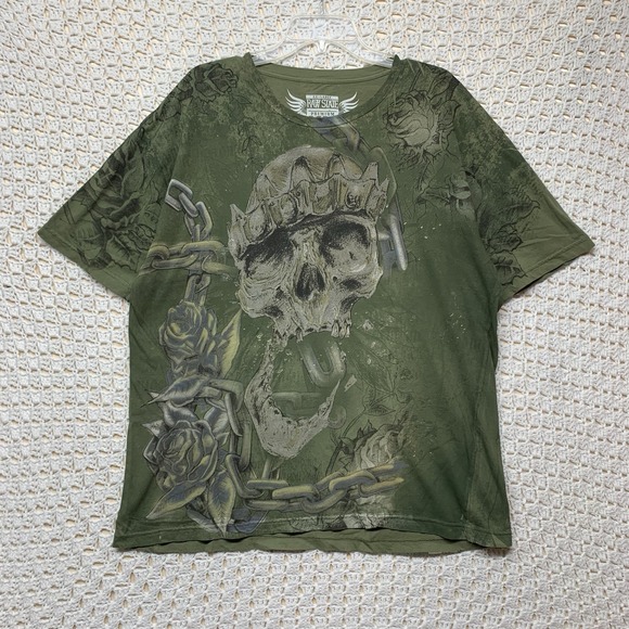 Affliction Other - Raw State Affliction T-Shirt Olive Green Men 2XL Skull Crown Flowers 100%Cotton